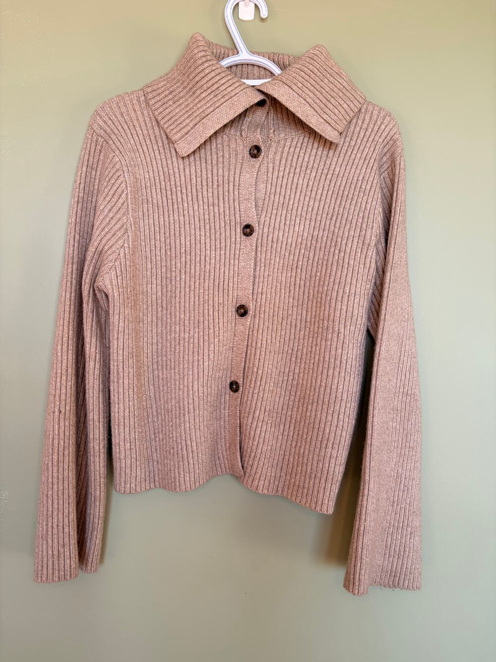 Joie Funnel Neck Cardigan Sweater Small Taupe Ribbed Button Front Quiet Luxury M